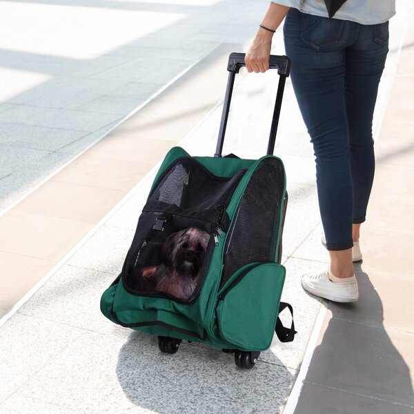 PawHut Trasportino Zaino 2 in 1 per Cani e Gatti con Tasche Laterali, Maniglia Telescopica e Ruote, 42x25x55cm, Verde|Aosom