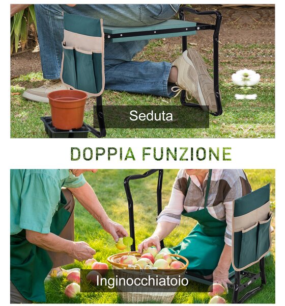 Outsunny Inginocchiatoio Panca da Giardino Pieghevole 2 in 1, Cuscini in EVA e Borsa Portaoggetti, Colore: Verde e Nero