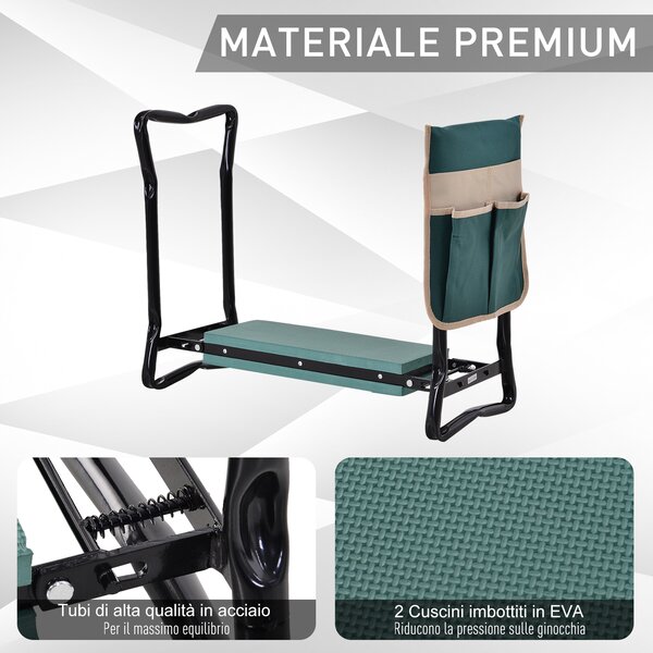 Outsunny Inginocchiatoio Panca da Giardino Pieghevole 2 in 1, Cuscini in EVA e Borsa Portaoggetti, Colore: Verde e Nero
