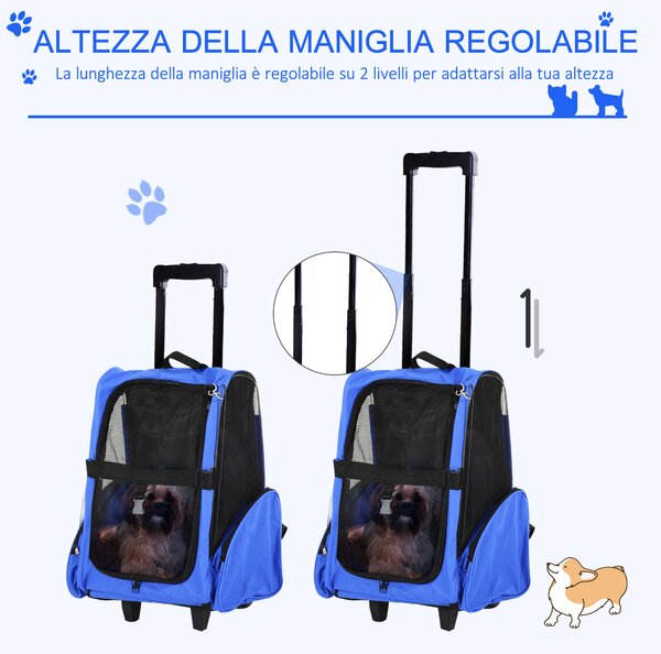 PawHut Trasportino Zaino 2 in 1 per Cani e Gatti con Tasche Laterali, Maniglia Telescopica e Ruote, 42x25x55cm, Blu|Aosom