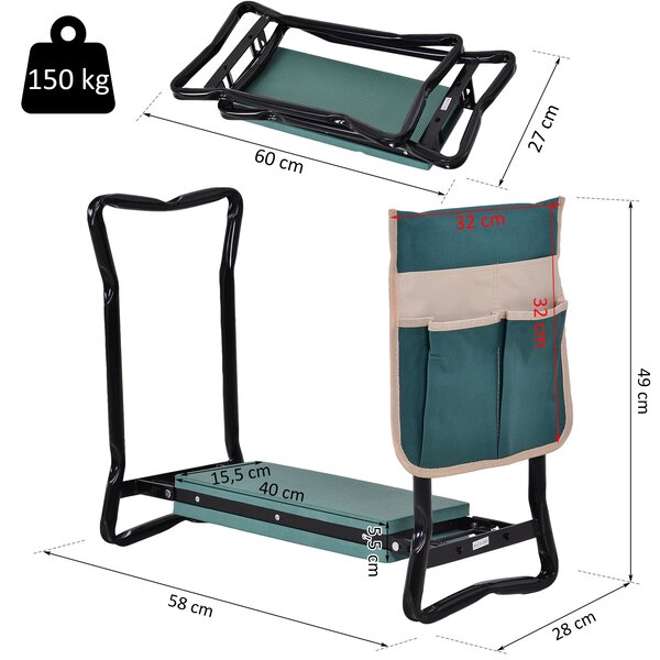 Outsunny Inginocchiatoio Panca da Giardino Pieghevole 2 in 1, Cuscini in EVA e Borsa Portaoggetti, Colore: Verde e Nero