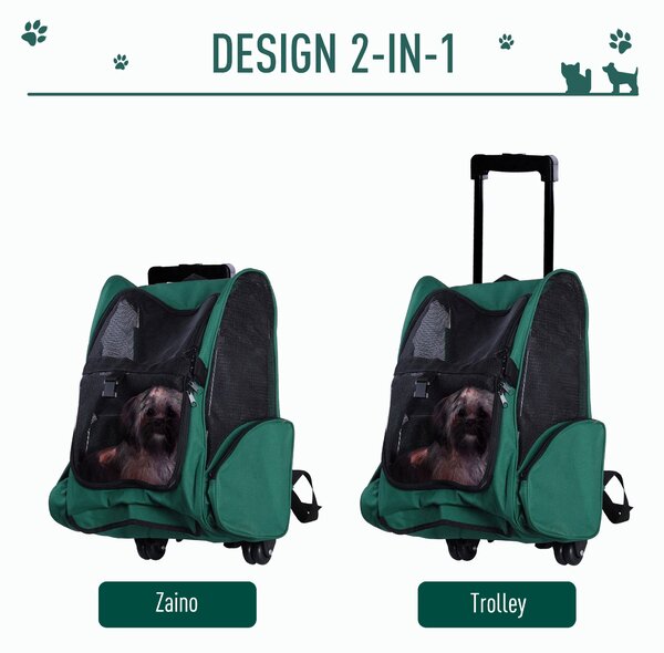 PawHut Trasportino Zaino 2 in 1 per Cani e Gatti con Tasche Laterali, Maniglia Telescopica e Ruote, 42x25x55cm, Verde|Aosom
