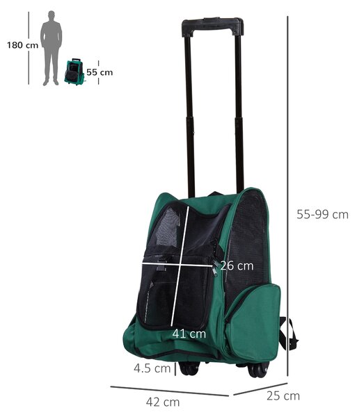 PawHut Trasportino Zaino 2 in 1 per Cani e Gatti con Tasche Laterali, Maniglia Telescopica e Ruote, 42x25x55cm, Verde|Aosom