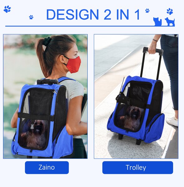 PawHut Trasportino Zaino 2 in 1 per Cani e Gatti con Tasche Laterali, Maniglia Telescopica e Ruote, 42x25x55cm, Blu|Aosom