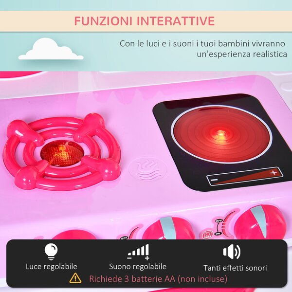 HOMCOM Cucina Giocattolo per Bambini con 38 Accessori Inclusi, Gioco con Luci e Suoni Realistici, 78x29x87cm, Rosa|Aosom