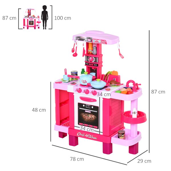 HOMCOM Cucina Giocattolo per Bambini con 38 Accessori Inclusi, Gioco con Luci e Suoni Realistici, 78x29x87cm, Rosa|Aosom