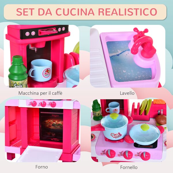HOMCOM Cucina Giocattolo per Bambini con 38 Accessori Inclusi, Gioco con Luci e Suoni Realistici, 78x29x87cm, Rosa|Aosom