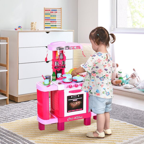 HOMCOM Cucina Giocattolo per Bambini con 38 Accessori Inclusi, Gioco con Luci e Suoni Realistici, 78x29x87cm, Rosa|Aosom