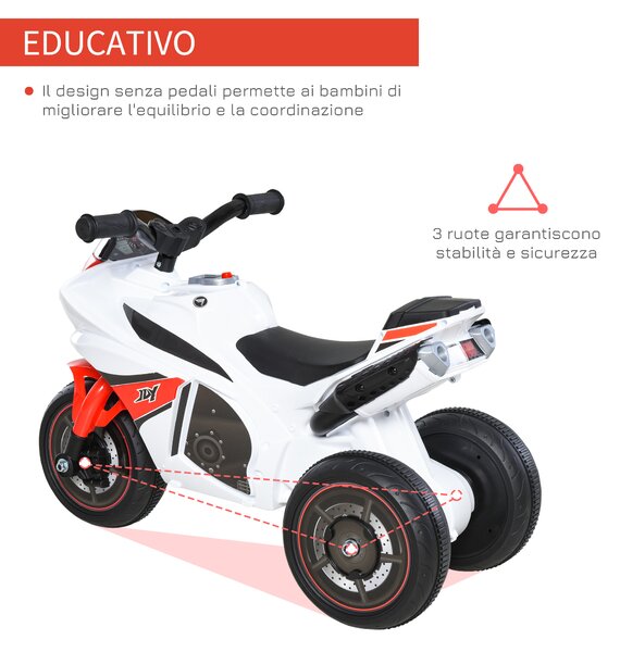 HOMCOM Moto a 3 Ruote per Bambini 18-36 Mesi con Musica Fari Senza Pedale in PP Metallo Bianca Rossa|Aosom