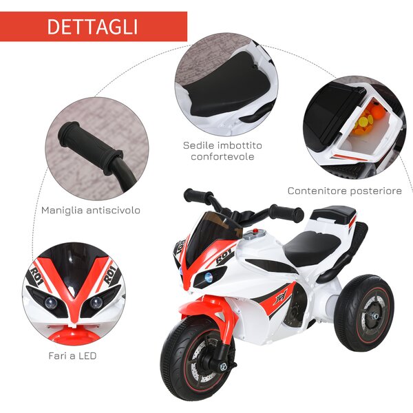 HOMCOM Moto a 3 Ruote per Bambini 18-36 Mesi con Musica Fari Senza Pedale in PP Metallo Bianca Rossa|Aosom