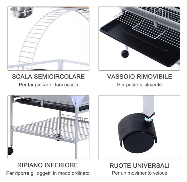 PawHut Voliera per Uccelli con Ruote Altezza 161.5cm, Vaschette in Acciaio e Trespoli in Legno, Argento|Aosom