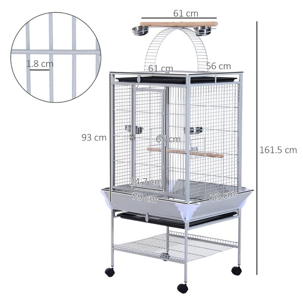 PawHut Voliera per Uccelli con Ruote Altezza 161.5cm, Vaschette in Acciaio e Trespoli in Legno, Argento|Aosom