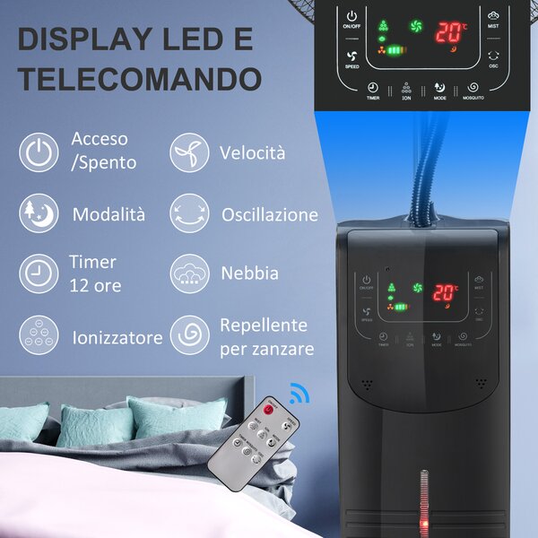 HOMCOM Ventilatore Nebulizzatore con Telecomando, Timer 12h e Oscillazione 70°, 3 Velocità, 3 Funzioni e Antizanzare Ф44.5x135cm Nero|Aosom