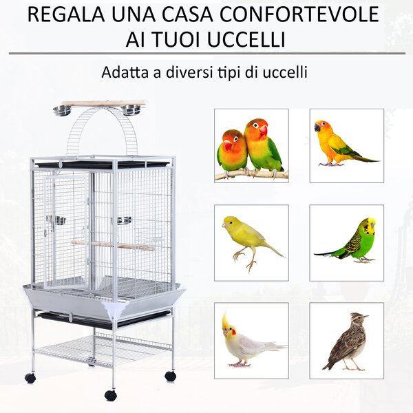 PawHut Voliera per Uccelli con Ruote Altezza 161.5cm, Vaschette in Acciaio e Trespoli in Legno, Argento|Aosom
