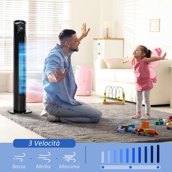 HOMCOM Ventilatore a Colonna Torre 3 Velocità, Oscillazione 70° e Maniglia di Trasporto, Ventilatore a Torre Diametro 20x78.5cm Nero|Aosom