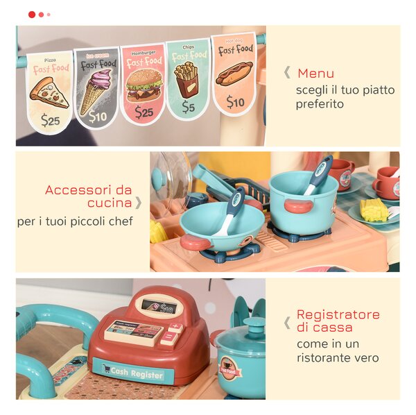 HOMCOM Cucina Giocattolo Per Bambini 3-6 Anni, cucina bambini Caffetteria giocattolo con 50 Accessori Inclusi, 79.5 x 33 x 90.5cm|Aosom