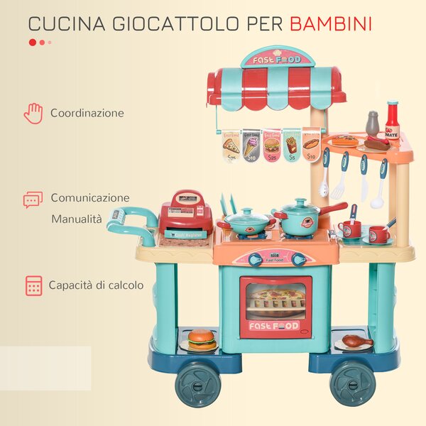 HOMCOM Cucina Giocattolo Per Bambini 3-6 Anni, cucina bambini Caffetteria giocattolo con 50 Accessori Inclusi, 79.5 x 33 x 90.5cm|Aosom