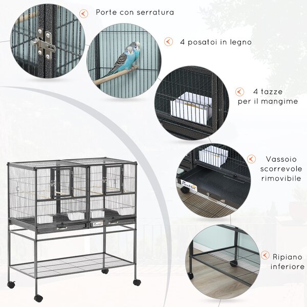 PawHut Gabbia per Uccelli 95x45.5x102cm Doppia con Vassoi Estraibili, Ruote e Ripiano Aperto, in Metallo, Nero Grigio|Aosom