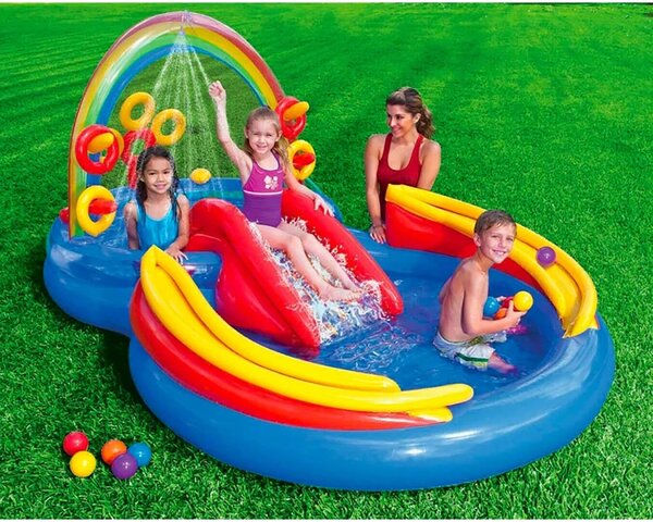 Piscina Gonfiabile per Bambini Arcobaleno 297x193x135 cm Playground con Scivolo e Piscina Multicolore