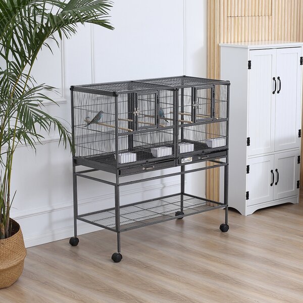PawHut Gabbia per Uccelli 95x45.5x102cm Doppia con Vassoi Estraibili, Ruote e Ripiano Aperto, in Metallo, Nero Grigio|Aosom
