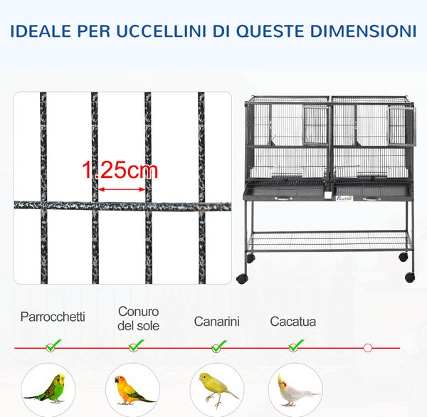 PawHut Gabbia per Uccelli 95x45.5x102cm Doppia con Vassoi Estraibili, Ruote e Ripiano Aperto, in Metallo, Nero Grigio|Aosom