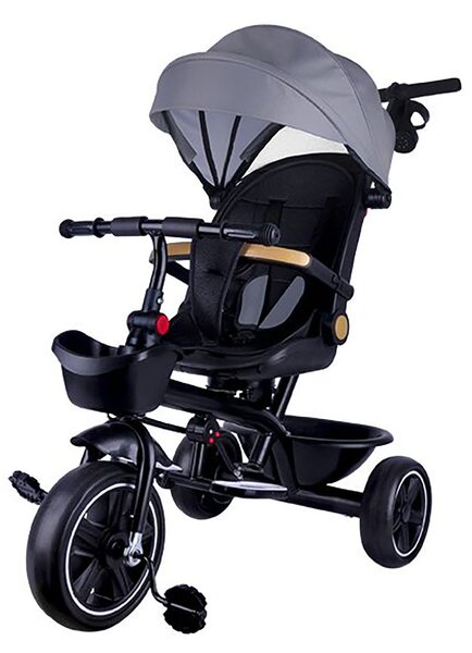 Passeggino Triciclo con Sedile Girevole 65x47x110 cm con Cappotta e Cestini Grigio