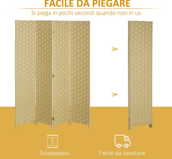 HOMCOM Paravento Separé da Interno a 4 Ante in Legno, Pieghevole e Salvaspazio Altezza 170cm, Marrone