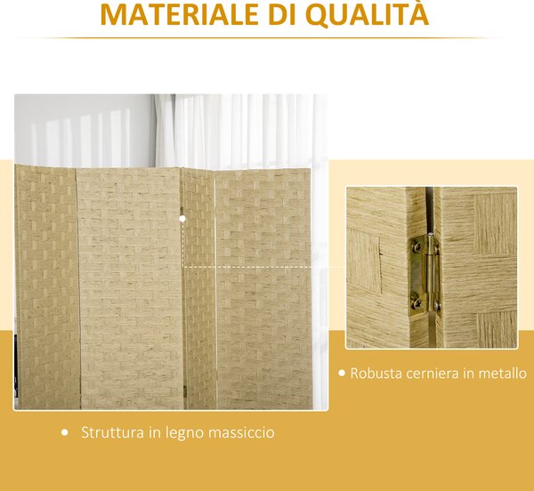 HOMCOM Paravento Separé da Interno a 4 Ante in Legno, Pieghevole e Salvaspazio Altezza 170cm, Marrone