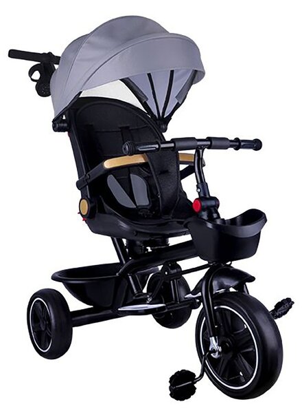 Passeggino Triciclo con Sedile Girevole 65x47x110 cm con Cappotta e Cestini Grigio