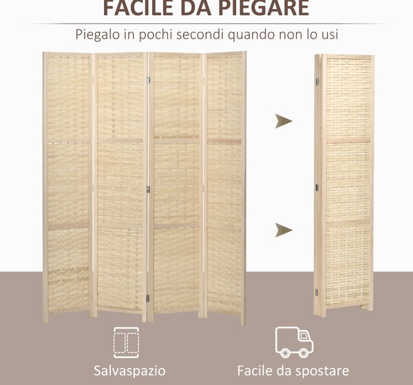 HOMCOM Paravento Separé da Interno a 4 Ante in Legno e Bambù, Pieghevole e Salvaspazio Altezza 170cm, Marrone|Aosom