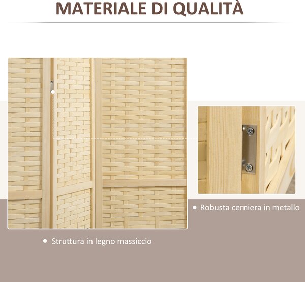 HOMCOM Paravento Separé da Interno a 4 Ante in Legno e Bambù, Pieghevole e Salvaspazio Altezza 170cm, Marrone|Aosom
