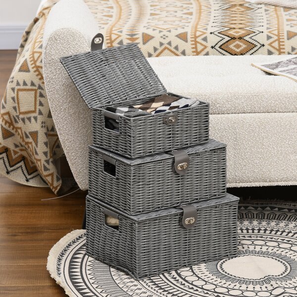 HOMCOM Set 3 Cesti Vimini PP con Coperchio, Diverse Dimensioni, Grigio, Soluzione Versatile per Ordine|Aosom
