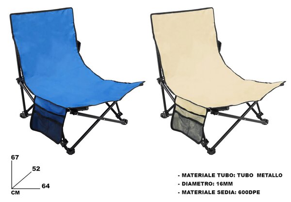 Sedia da Spiaggia Spiaggina Pieghevole con Tasche Gallipoli 64x52x67 cm in Tessuto Oxford Colore Casuale