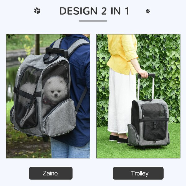 PawHut Trasportino Zaino 2 in 1 per Cani e Gatti con Tasche Laterali, Maniglia Telescopica e Ruote, 42x25x55cm, Grigio|Aosom