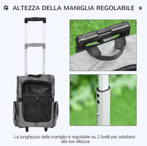 PawHut Trasportino Zaino 2 in 1 per Cani e Gatti con Tasche Laterali, Maniglia Telescopica e Ruote, 42x25x55cm, Grigio|Aosom