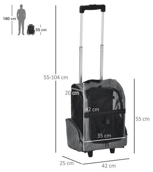 PawHut Trasportino Zaino 2 in 1 per Cani e Gatti con Tasche Laterali, Maniglia Telescopica e Ruote, 42x25x55cm, Grigio|Aosom