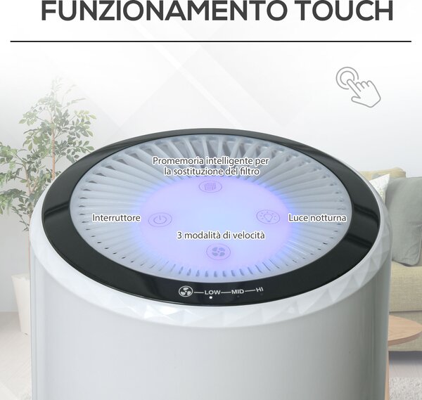 HOMCOM Purificatore d'Aria con Filtro HEPA Carbone Attivo, 3 Velocità Regolabili, Area coperta 18㎡, per Polvere, Fumo, Odori, Polline|Aosom