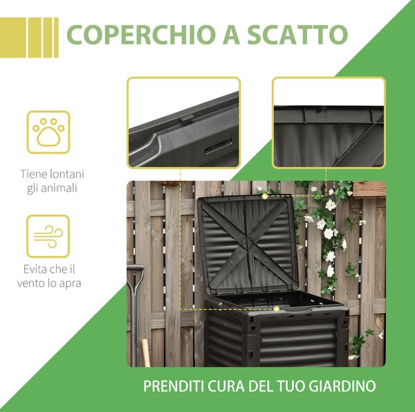 Outsunny Compostiera da Giardino, Compostiera Domestica da 300L in Plastica Nera, Bidone per Compost con Coperchio a Incastro|Aosom