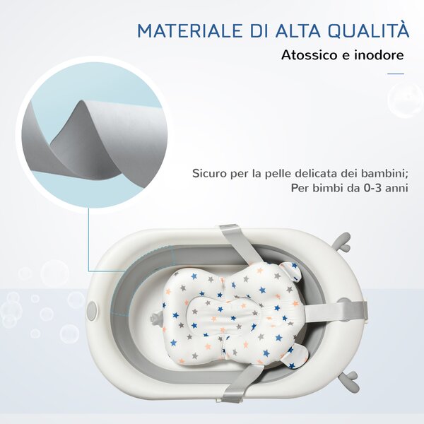 HOMCOM Vaschetta Bagnetto Pieghevole per Bambini 0-3 Anni con Indicatore di Temperatura e Cuscino, 81.5x50.5x23.5cm, Bianco|Aosom