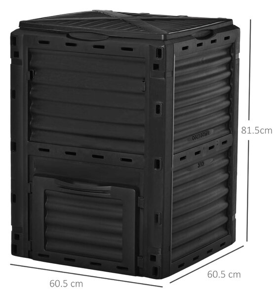 Outsunny Compostiera da Giardino, Compostiera Domestica da 300L in Plastica Nera, Bidone per Compost con Coperchio a Incastro|Aosom