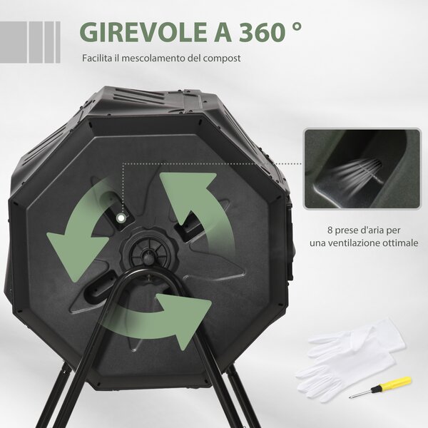 Outsunny Compostiera Domestica da 160L, Compostiera da Giardino e da Balcone in Plastica PP Nera, Bidone per Compost Girevole, 71x64x92cm|Aosom