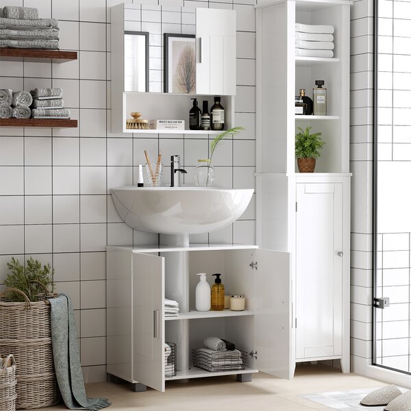 Kleankin Specchiera Bagno in Legno con Mensole Regolabili, Mobile Bagno a 2 Ante e Ripiano Aperto, 54x15.2x55.3cm, Bianco|Aosom