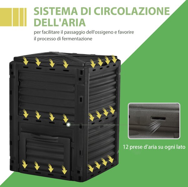 Outsunny Compostiera da Giardino, Compostiera Domestica da 300L in Plastica Nera, Bidone per Compost con Coperchio a Incastro|Aosom