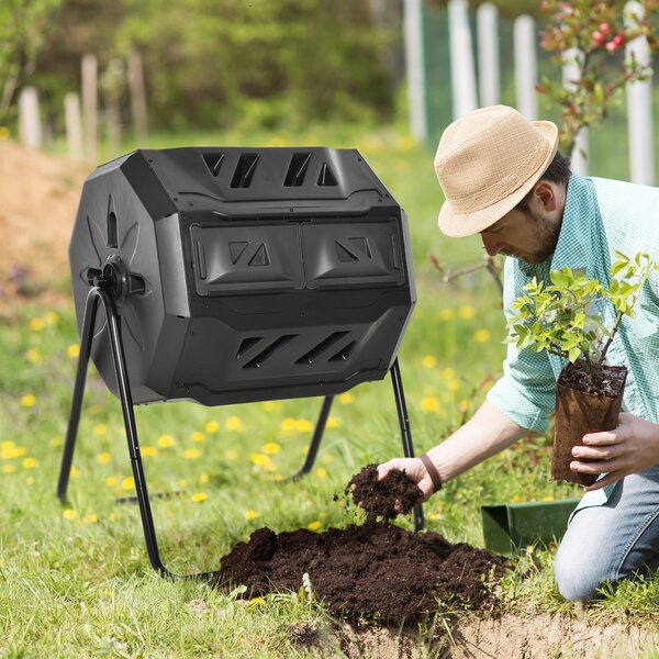 Outsunny Compostiera Domestica da 160L, Compostiera da Giardino e da Balcone in Plastica PP Nera, Bidone per Compost Girevole, 71x64x92cm|Aosom