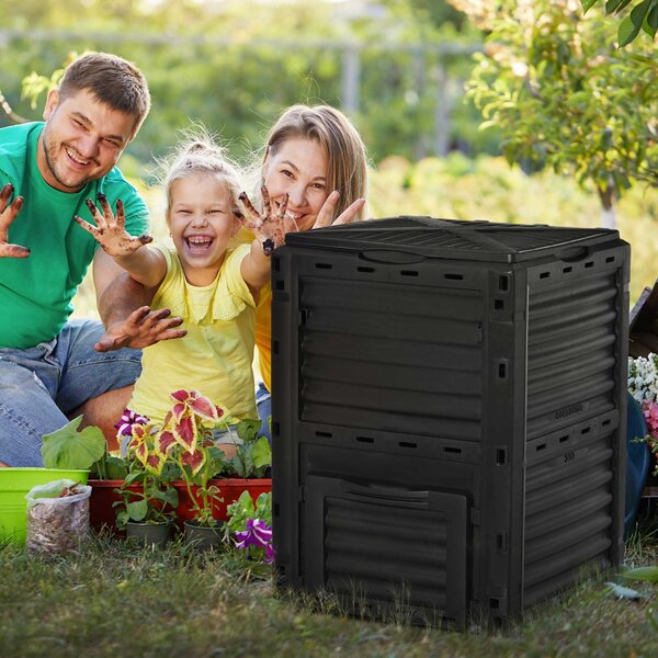 Outsunny Compostiera da Giardino, Compostiera Domestica da 300L in Plastica Nera, Bidone per Compost con Coperchio a Incastro|Aosom