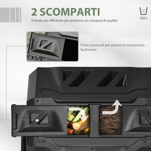 Outsunny Compostiera Domestica da 160L, Compostiera da Giardino e da Balcone in Plastica PP Nera, Bidone per Compost Girevole, 71x64x92cm|Aosom