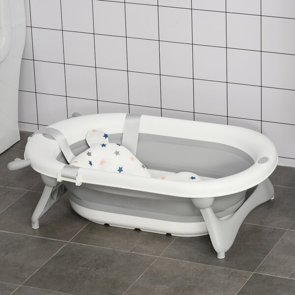 HOMCOM Vaschetta Bagnetto Pieghevole per Bambini 0-3 Anni con Indicatore di Temperatura e Cuscino, 81.5x50.5x23.5cm, Bianco|Aosom