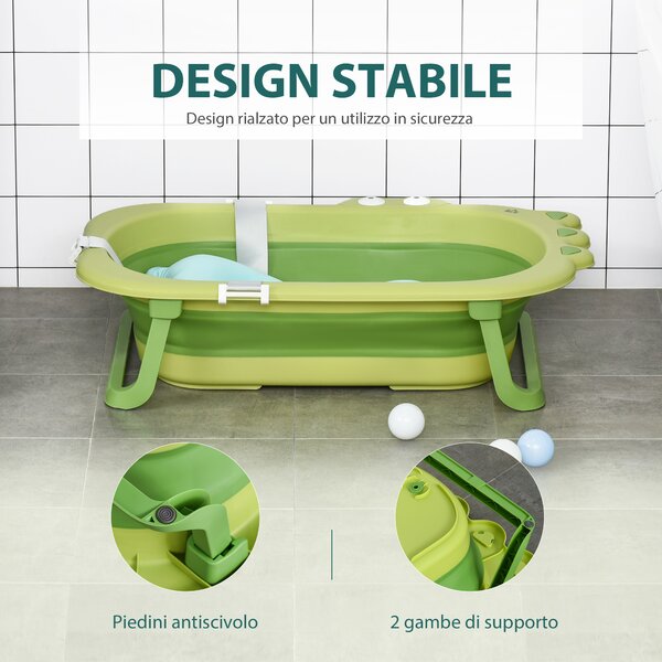 HOMCOM Vaschetta Bagnetto Pieghevole per Bambini 0-3 Anni con Cuscino Regolabile Azzurro e Piedini Antiscivolo, 80x53.9x20.8cm Verde|Aosom