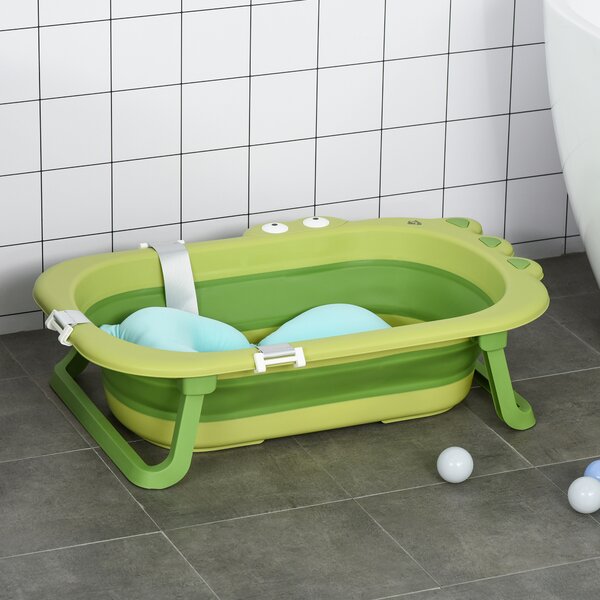 HOMCOM Vaschetta Bagnetto Pieghevole per Bambini 0-3 Anni con Cuscino Regolabile Azzurro e Piedini Antiscivolo, 80x53.9x20.8cm Verde|Aosom