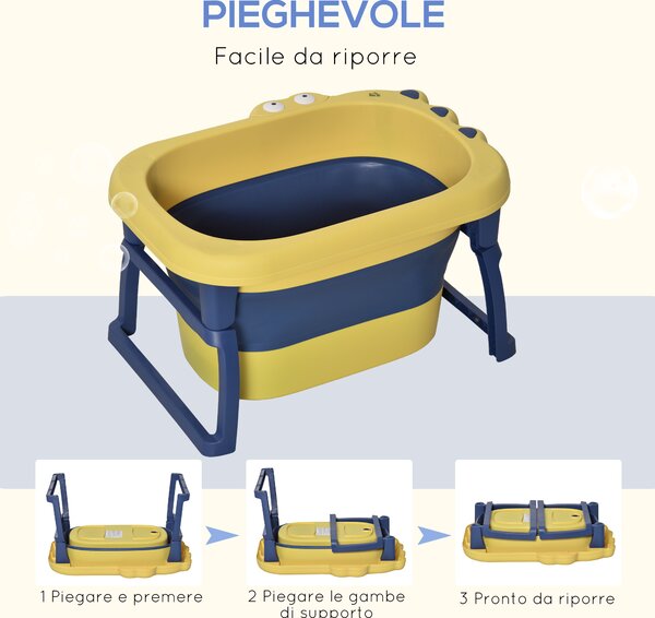 HOMCOM Vaschetta Bagnetto Pieghevole per Neonati e Bambini di 0-6 Anni, in Plastica Antiscivolo, Blu e Giallo, 75.3x55.4x43cm|Aosom